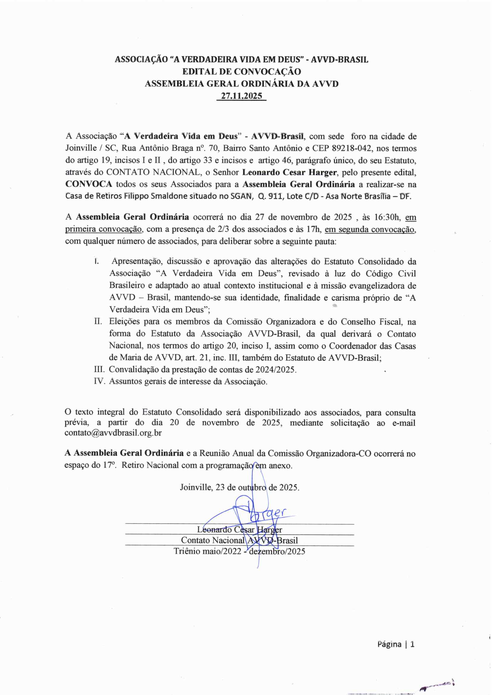 Edital de Convocação da Assembléia Nacional de AVVD